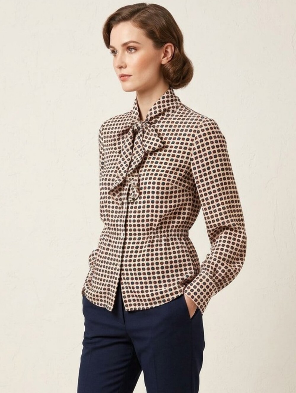 Emanuel Ungaro Vintage Silk Women's Geometric Dot Tie-Neck Blouse